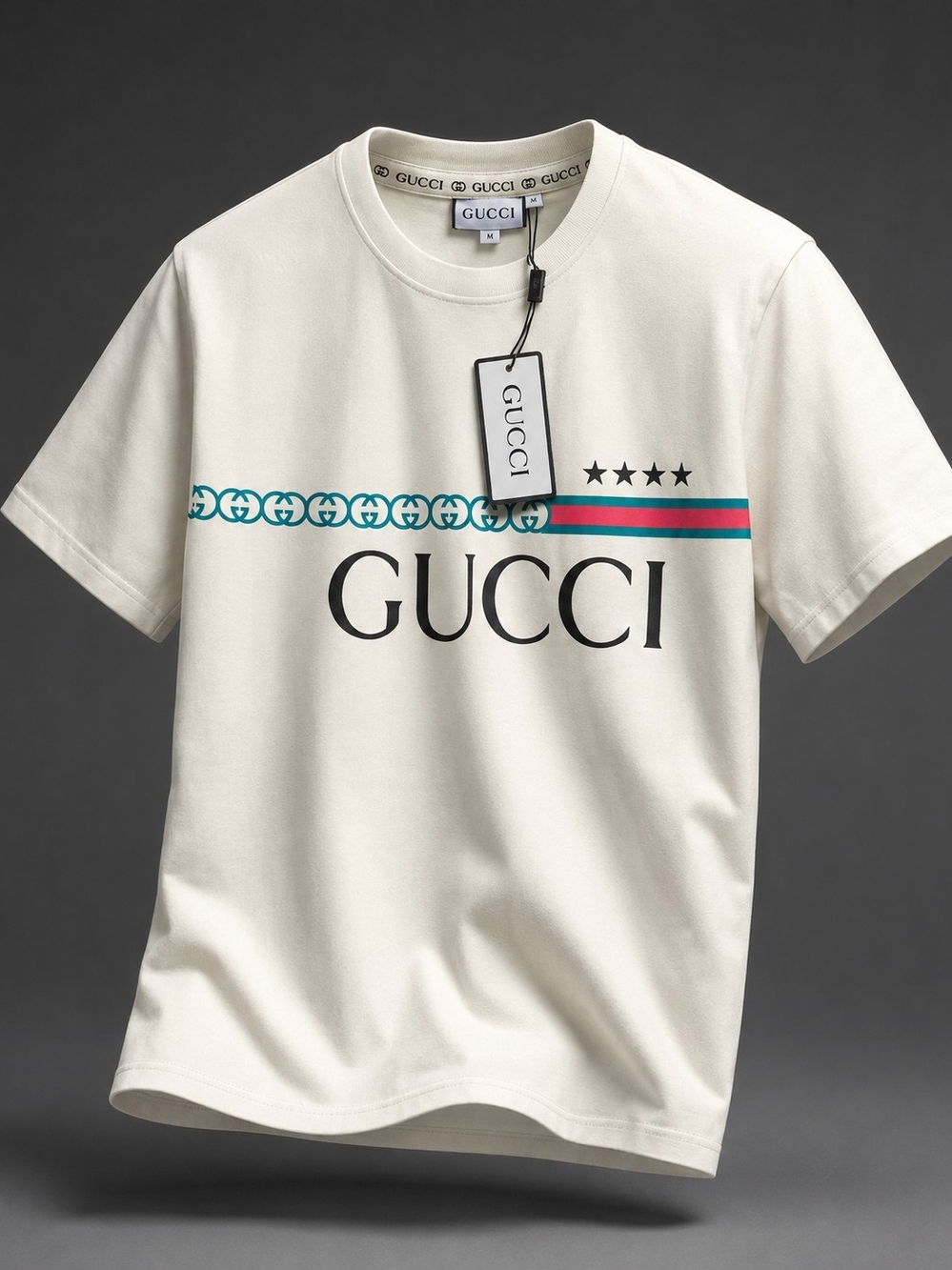 Gucci Cream Short-Sleeve Logo Tee with Teal and Red Stripe